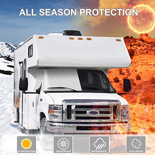 ExcelFu RV Windshield Cover Compatible with Class C Ford E450 1997-2024 Motorhome,Windshield Cover for Ice and Snow RV Front Window Sunshade UV Block 4 Layers with Mirror Cutouts Silver - Image 2