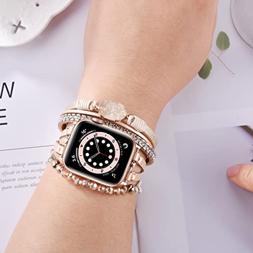 VISOOM Beaded Boho Bracelet Compatible for Apple Watch Band 40mm/38mm/41mm Series 10 9 8 7 SE Series 6/5/4 Women Leather Fashion Cute Handmade Multilayer Wrap Watch Strap for iWatch Bands 3/2/1 - Image 2
