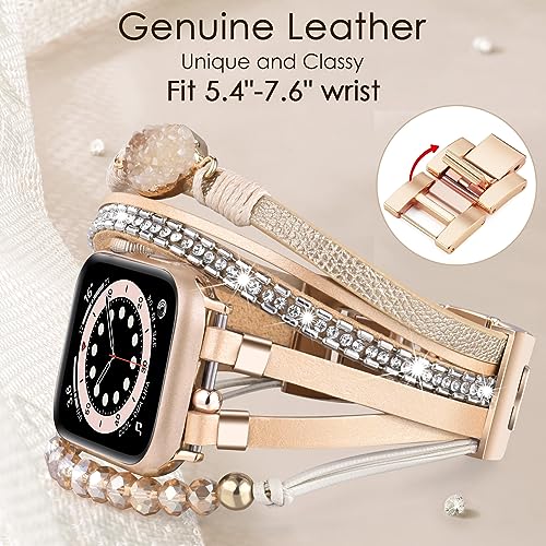 VISOOM Beaded Boho Bracelet Compatible for Apple Watch Band 40mm/38mm/41mm Series 10 9 8 7 SE Series 6/5/4 Women Leather Fashion Cute Handmade Multilayer Wrap Watch Strap for iWatch Bands 3/2/1 - Image 3