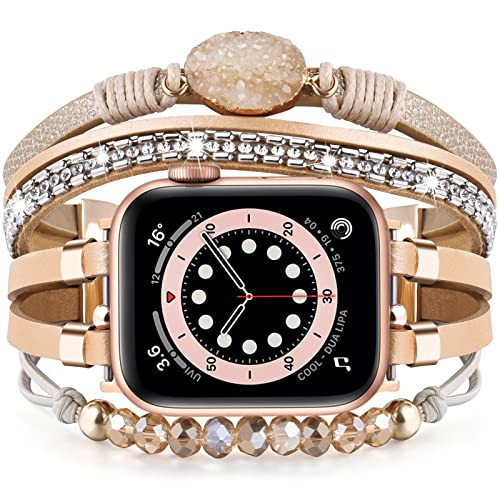VISOOM Beaded Boho Bracelet Compatible for Apple Watch Band 40mm/38mm/41mm Series 10 9 8 7 SE Series 6/5/4 Women Leather Fashion Cute Handmade Multilayer Wrap Watch Strap for iWatch Bands 3/2/1 - Image 1