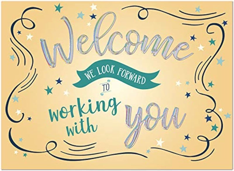 25 Employee Welcome Cards Fun Typographic Design with Silver Holographic Foil Embossing 26 White Envelopes FSC Mix