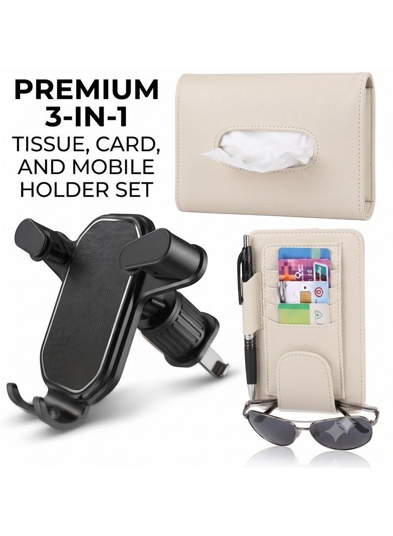 ZEESQUARE 3-in-1 Car Tissue Box Holder Set with Universal Air Vent Phone Holder, Card Organizer, Pen Holder & Sunglasses Storage, Premium PU Leather Organizer for Cars, SUVs & Trucks, Black & Beige - Image 1
