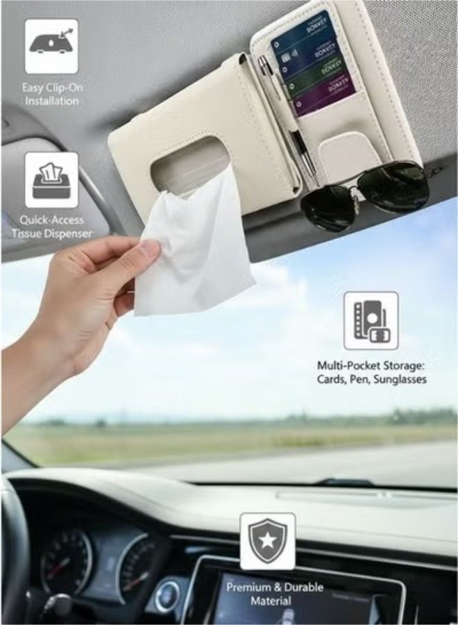 ZEESQUARE 3-in-1 Car Tissue Box Holder Set with Universal Air Vent Phone Holder, Card Organizer, Pen Holder & Sunglasses Storage, Premium PU Leather Organizer for Cars, SUVs & Trucks, Black & Beige - Image 2