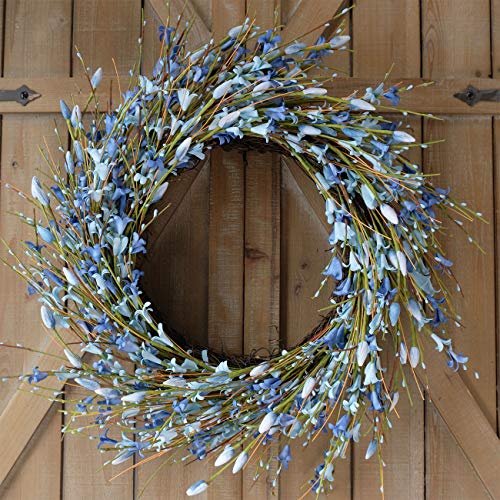 Bibelot 18inch Artificial Forsythia Flower Wreath, All Year Around Wreath for Front Door, Wedding Window Home Wall Indoor Front Door Decor (Blue, 18in) - Image 4