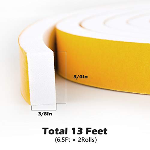 ToLanbbt White Door Window Weather Stripping Self Adhesive Foam Tape High Density Foam Sealing Strip Window Insulation Weatherproof Gasket Tape, 3/4" Wide X 3/8" Thick, 6.5 Ft X 2 Rolls, Total 13 Feet - Image 2