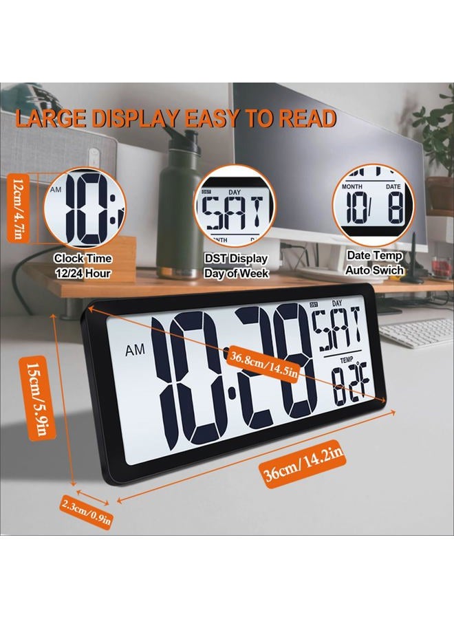 QINYUNE 14.5'' Rechargable Large Digital LCD Wall Clock with Backlight Glow in the Dark,Night Light Wall Clock with Week,Date & Temperature,DST,Alarm Display for Living Room, Bedroom, Gift for Elderly - Image 5
