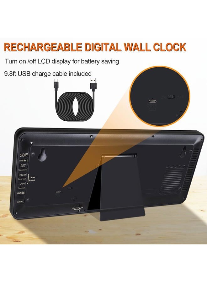 QINYUNE 14.5'' Rechargable Large Digital LCD Wall Clock with Backlight Glow in the Dark,Night Light Wall Clock with Week,Date & Temperature,DST,Alarm Display for Living Room, Bedroom, Gift for Elderly - Image 3