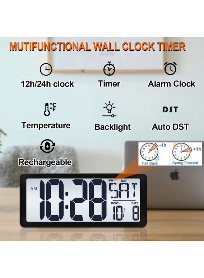 QINYUNE 14.5'' Rechargable Large Digital LCD Wall Clock with Backlight Glow in the Dark,Night Light Wall Clock with Week,Date & Temperature,DST,Alarm Display for Living Room, Bedroom, Gift for Elderly - Image 2