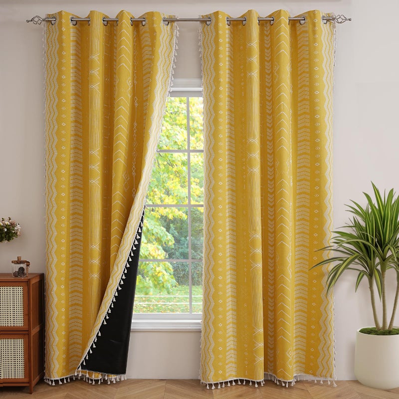 ColorBird Boho Blackout Curtains 2 Panels 84 Inch Length Mustard Yellow Thermal Insulated Southwest Window Treatment Patterned Western Black Out Patterned Curtain Drapes for Living Room Bedroom - Image 1