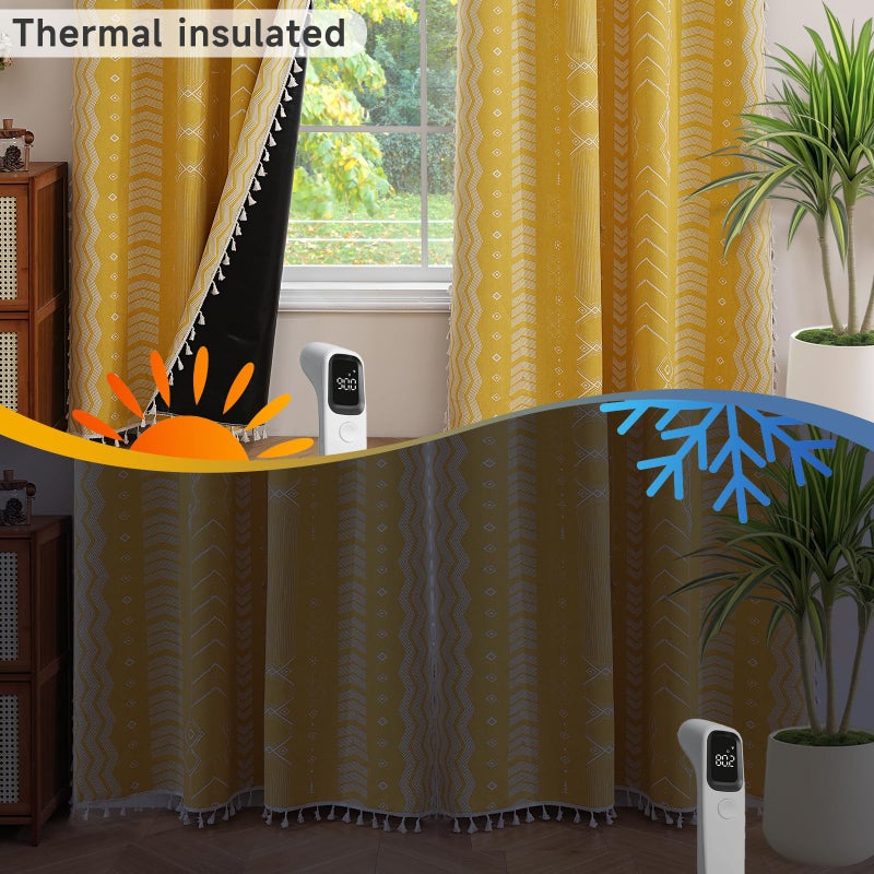 ColorBird Boho Blackout Curtains 2 Panels 84 Inch Length Mustard Yellow Thermal Insulated Southwest Window Treatment Patterned Western Black Out Patterned Curtain Drapes for Living Room Bedroom - Image 3