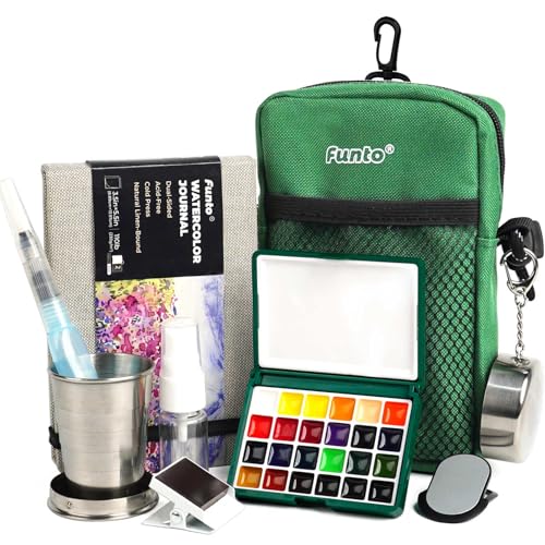 Funto Mini Watercolor Paint Set, All-In-One 24-Color Travel Paint Kit, with Crossbody Bag, Watercolor Journal, Paint Water Cup, Pocket Set for Artists - Image 1