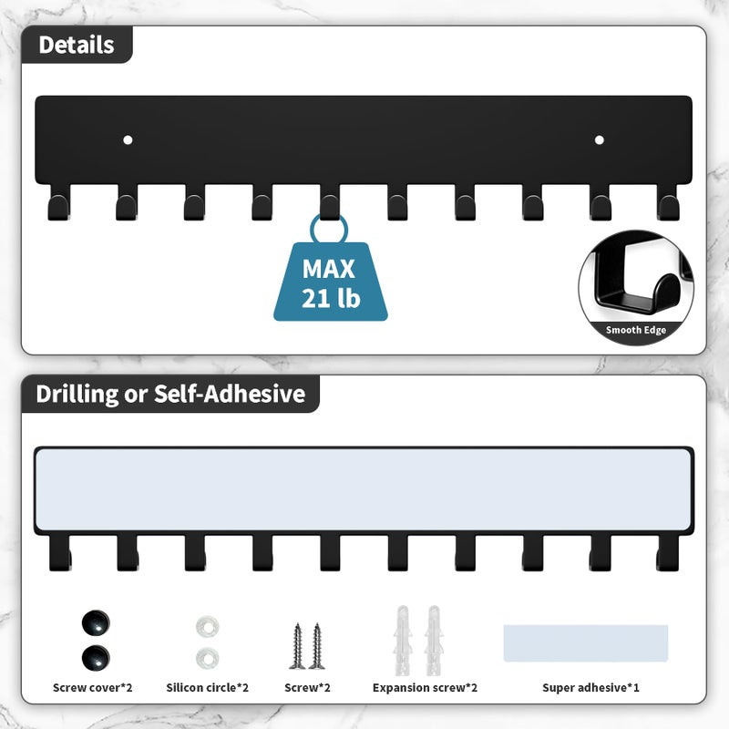 GTK Key Holder for Wall, Key Hooks with 10 Hooks, Wall Mounted Key Holder for Hallway, Self Adhesive Key Rack(Black) - Image 3