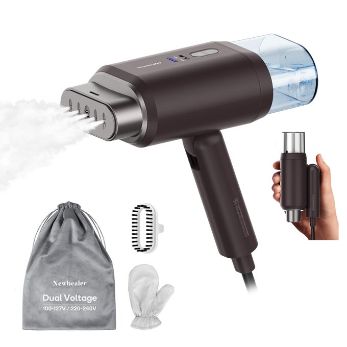 DUAL VOLTAGE GARMENT STEAMER 120V220V 1200W POWERFUL STEAMER FOR CLOTHES HOME TRAVEL USE HORIZONTAL VERTICAL STEAMING 20S HEATUP FOLDABLE 172LBS 180ML BROWN