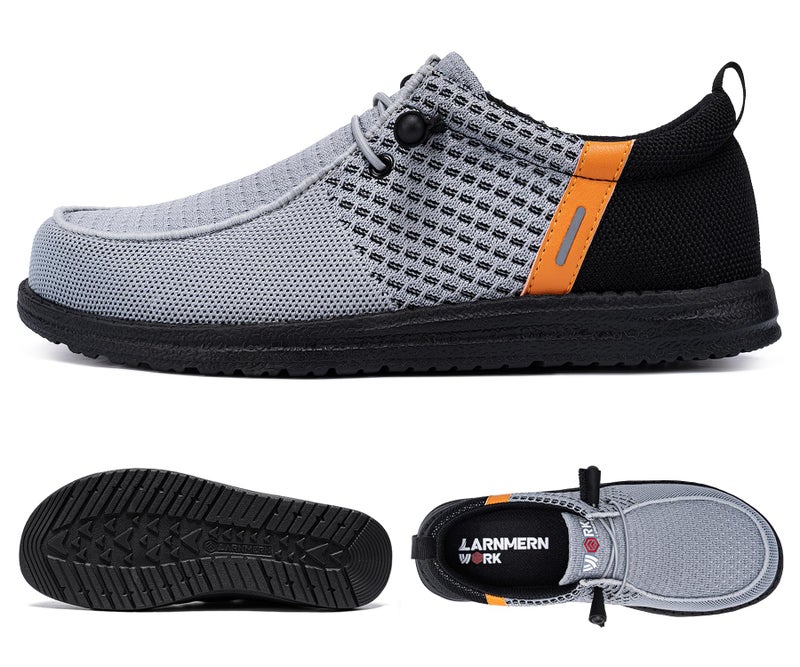 LARNMERN Slip On Steel Toe Shoes Men Lightweight Comfortable Lounging Walking Sneakers Safety Work Steel Toe Loafers (9 Men, Grey Orange) - Image 2