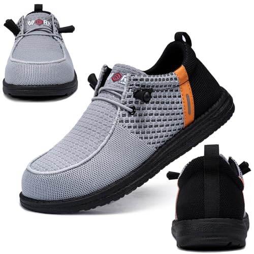 LARNMERN Slip On Steel Toe Shoes Men Lightweight Comfortable Lounging Walking Sneakers Safety Work Steel Toe Loafers (9 Men, Grey Orange) - Image 3