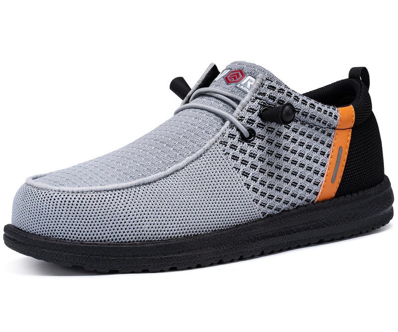 LARNMERN Slip On Steel Toe Shoes Men Lightweight Comfortable Lounging Walking Sneakers Safety Work Steel Toe Loafers (9 Men, Grey Orange) - Image 1