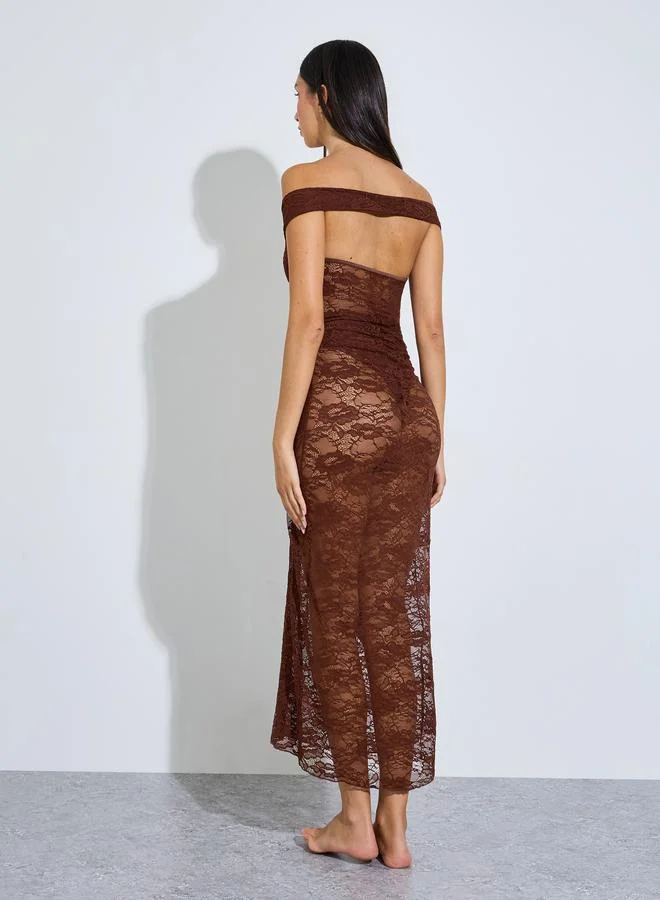 Styli Brown Off Shoulder Lace Slip with Bodysuit Top and Attached Sarong for Women | Best Price UAE