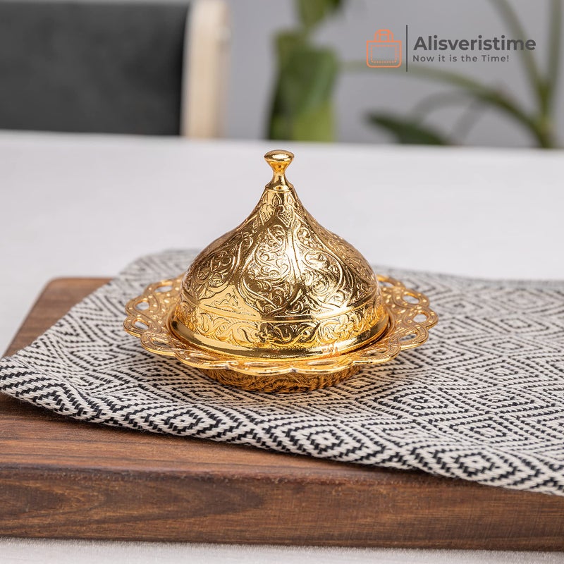 Alisveristime Turkish Coffee Set for Two - Authentic Ottoman Style Cups, Saucers, and Serving Tray with Lale Motifs (Acur) (Gold) - Image 3
