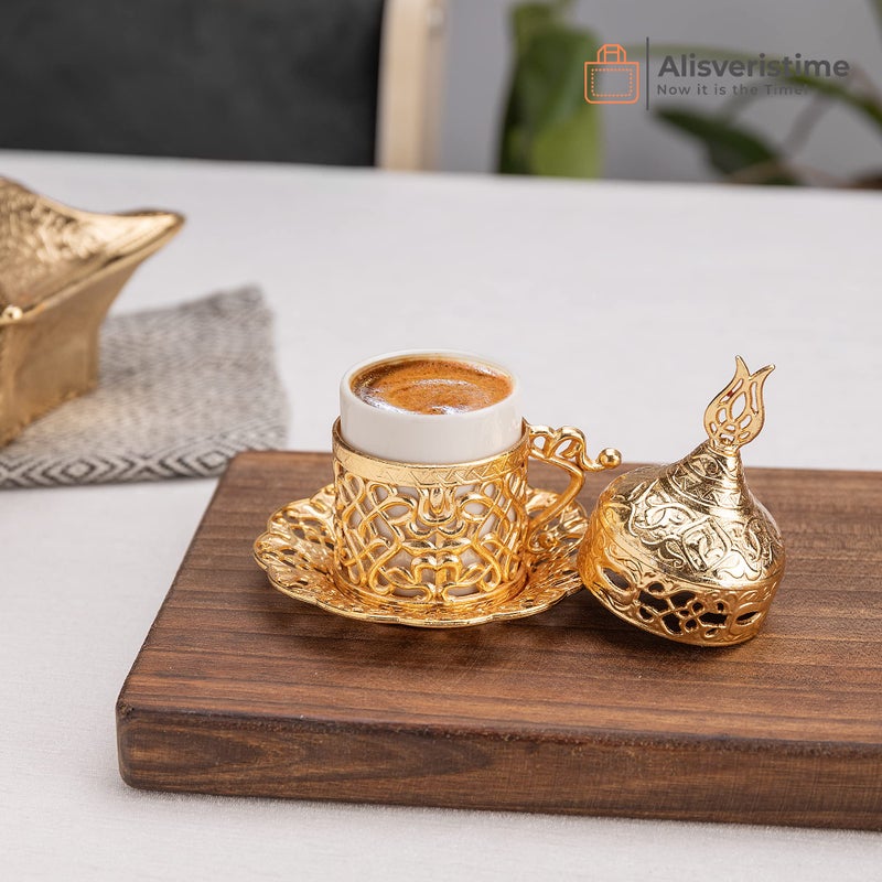 Alisveristime Turkish Coffee Set for Two - Authentic Ottoman Style Cups, Saucers, and Serving Tray with Lale Motifs (Acur) (Gold) - Image 2