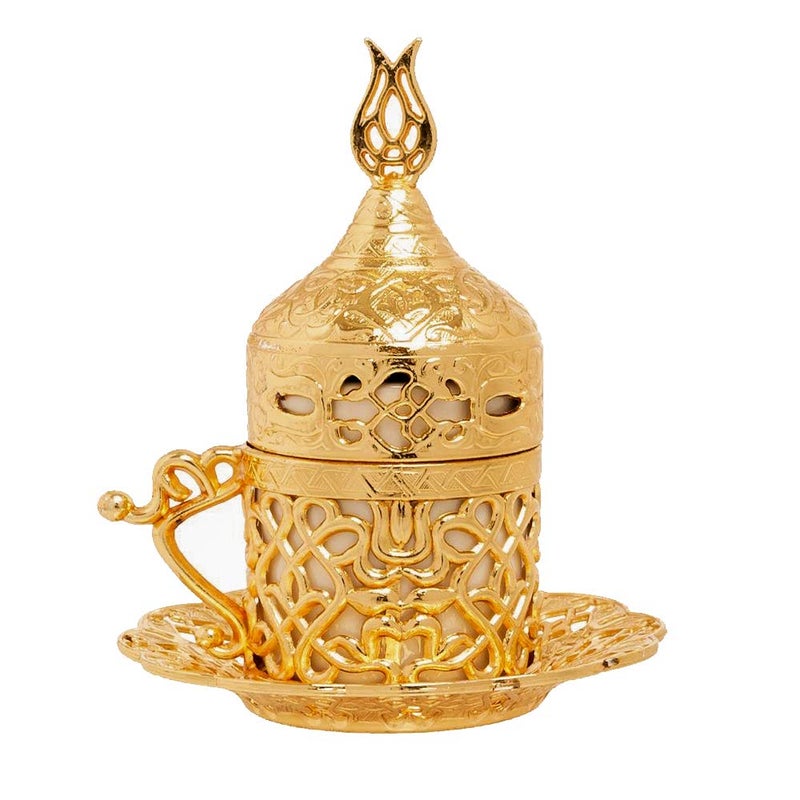 Alisveristime Turkish Coffee Set for Two - Authentic Ottoman Style Cups, Saucers, and Serving Tray with Lale Motifs (Acur) (Gold) - Image 5