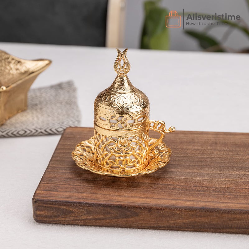 Alisveristime Turkish Coffee Set for Two - Authentic Ottoman Style Cups, Saucers, and Serving Tray with Lale Motifs (Acur) (Gold) - Image 4