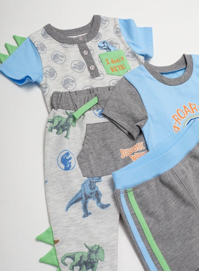 Jurassic Park Jurassic Baby Boys 4 Piece Clothing Set | One-Piece Bodysuit, Gel Overlay Shorts, Short Sleeve T-Shirt, Jogging Pants (Grey/Blue/Green, 9 Months) - Image 2