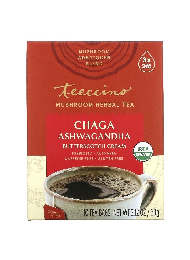 teeccino - Teeccino, Mushroom Herbal Tea, Organic Chaga Ashwagandha, Caffeine Free, 10 Tea Bags, 2.12 oz (60 g) - Image 1