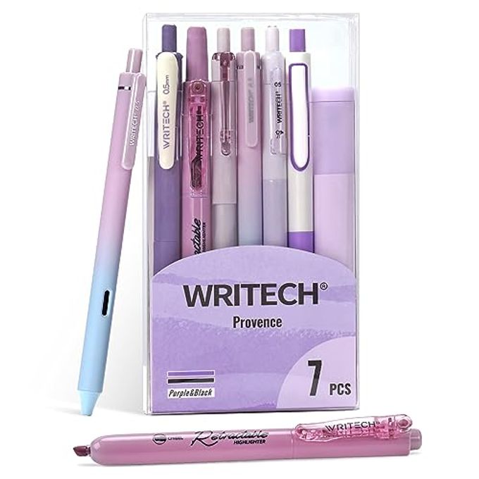 WRITECH Gel Pens Journaling Highlighters: Journal Set Aesthetic Assorted Pastel Color Ink 0.5Mm Fine Point Retractable 0.7Mm Black Pen Smooth Writing Drawing No Bleed 7Ct (Purple) - Image 1