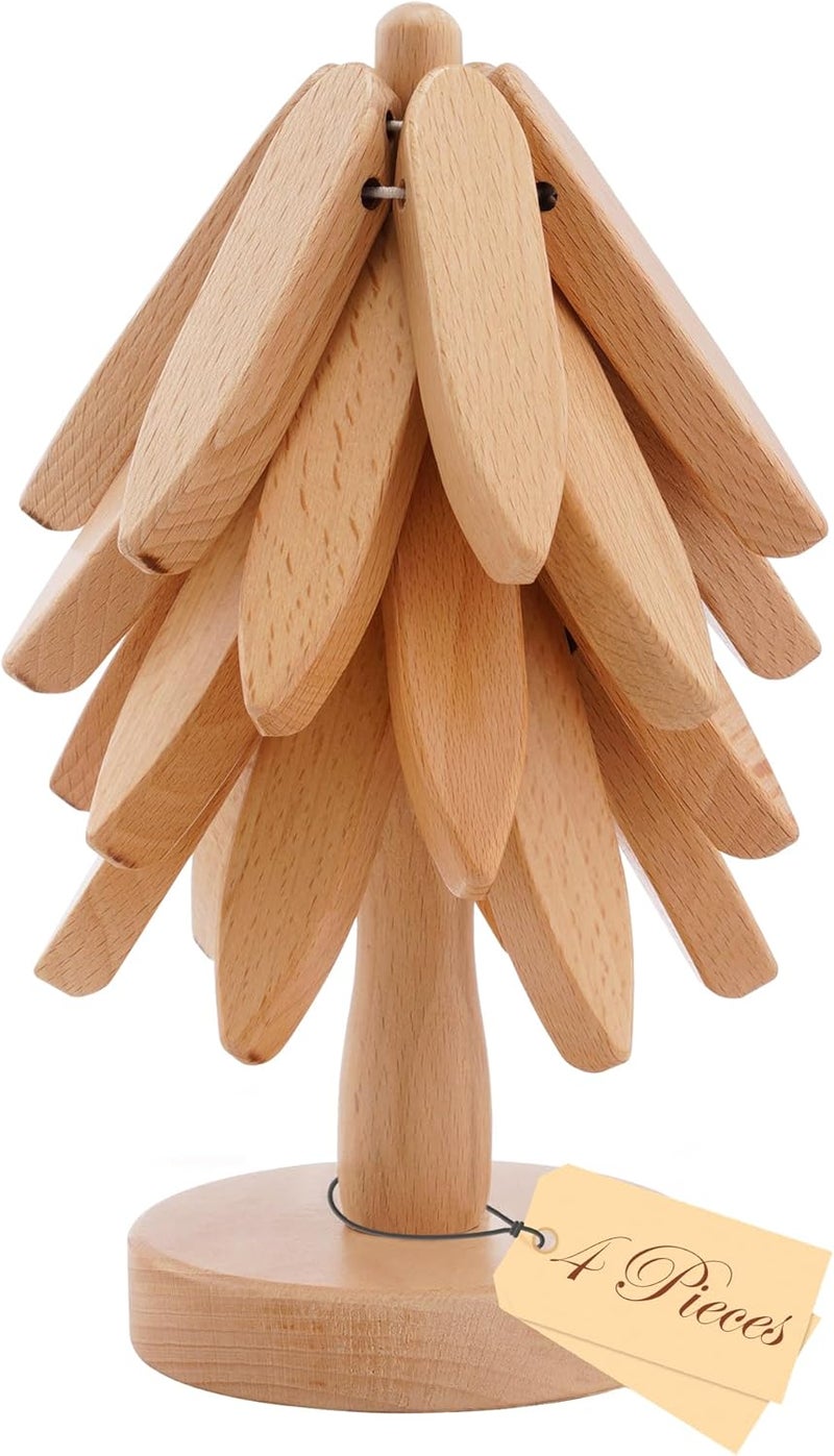 ATLIKE Wooden Tree Trivets for Hot Dishes, 4 Wooden Trivet + 1 Stand Natural Wooden Coaster for Hot Dishes, Pot, Bowl, Teapot, Hot Pot Holders, 4 Foldable Christmas Tree-Shaped Trivets - Image 1