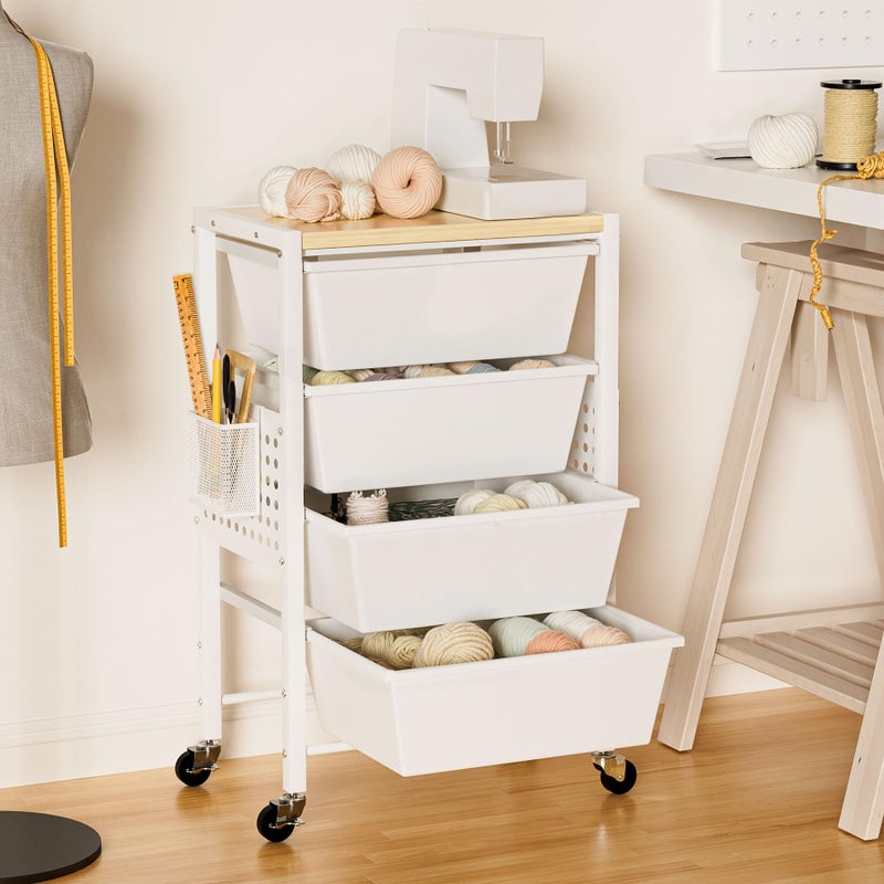 neatevday Rolling Cart with Drawers, Rolling Storage Cart with 4 Large Plastic Drawers & Wooden Tabletop, Utility Cart with Pegboards & Basket, Storage Drawers Cart for Living Room, Classroom, Bedroom, Office - Image 4