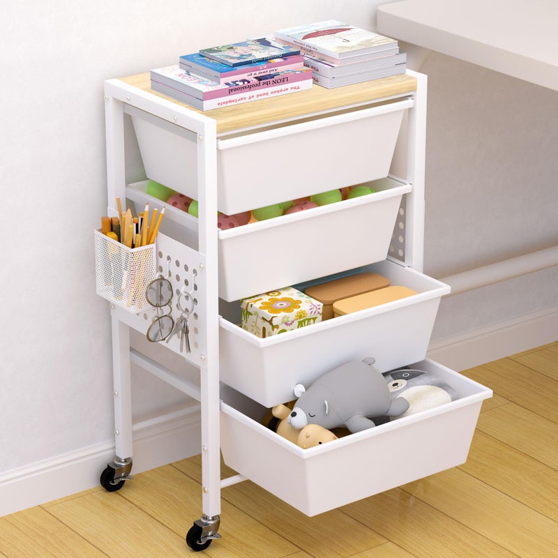 neatevday Rolling Cart with Drawers, Rolling Storage Cart with 4 Large Plastic Drawers & Wooden Tabletop, Utility Cart with Pegboards & Basket, Storage Drawers Cart for Living Room, Classroom, Bedroom, Office - Image 1