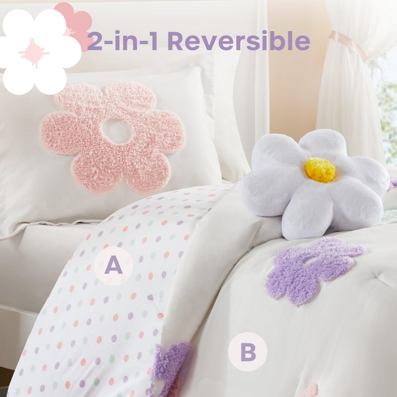 Intelligent Design Kids Twin Comforter Set for Girls, Tufted Chenille Floral Comforter Set Twin, Lightweight Polka Dot Comforter Reversible Bed Set, Sham, Pillow, Gracie, Twin White/Purple 3 Piece - Image 4
