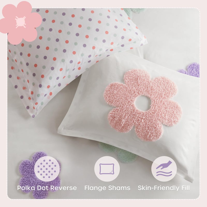 Intelligent Design Kids Twin Comforter Set for Girls, Tufted Chenille Floral Comforter Set Twin, Lightweight Polka Dot Comforter Reversible Bed Set, Sham, Pillow, Gracie, Twin White/Purple 3 Piece - Image 3