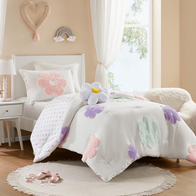 Intelligent Design Kids Twin Comforter Set for Girls, Tufted Chenille Floral Comforter Set Twin, Lightweight Polka Dot Comforter Reversible Bed Set, Sham, Pillow, Gracie, Twin White/Purple 3 Piece - Image 1