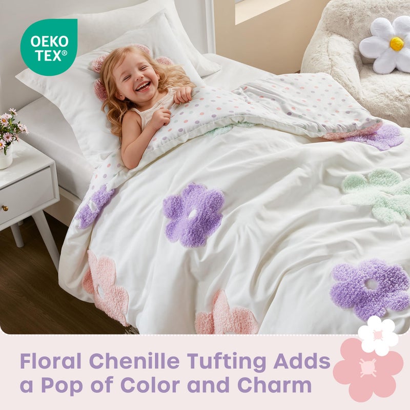 Intelligent Design Kids Twin Comforter Set for Girls, Tufted Chenille Floral Comforter Set Twin, Lightweight Polka Dot Comforter Reversible Bed Set, Sham, Pillow, Gracie, Twin White/Purple 3 Piece - Image 2