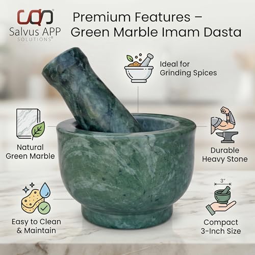Salvus App SOLUTIONS Green Marble Imam Dasta 3 Inch – Okhli Musal Mortar and Pestle Set | Kharal Khalbatta Herbal Crusher for Kitchen, Spices & Ayurvedic Use (3x2 Inch) - Image 3
