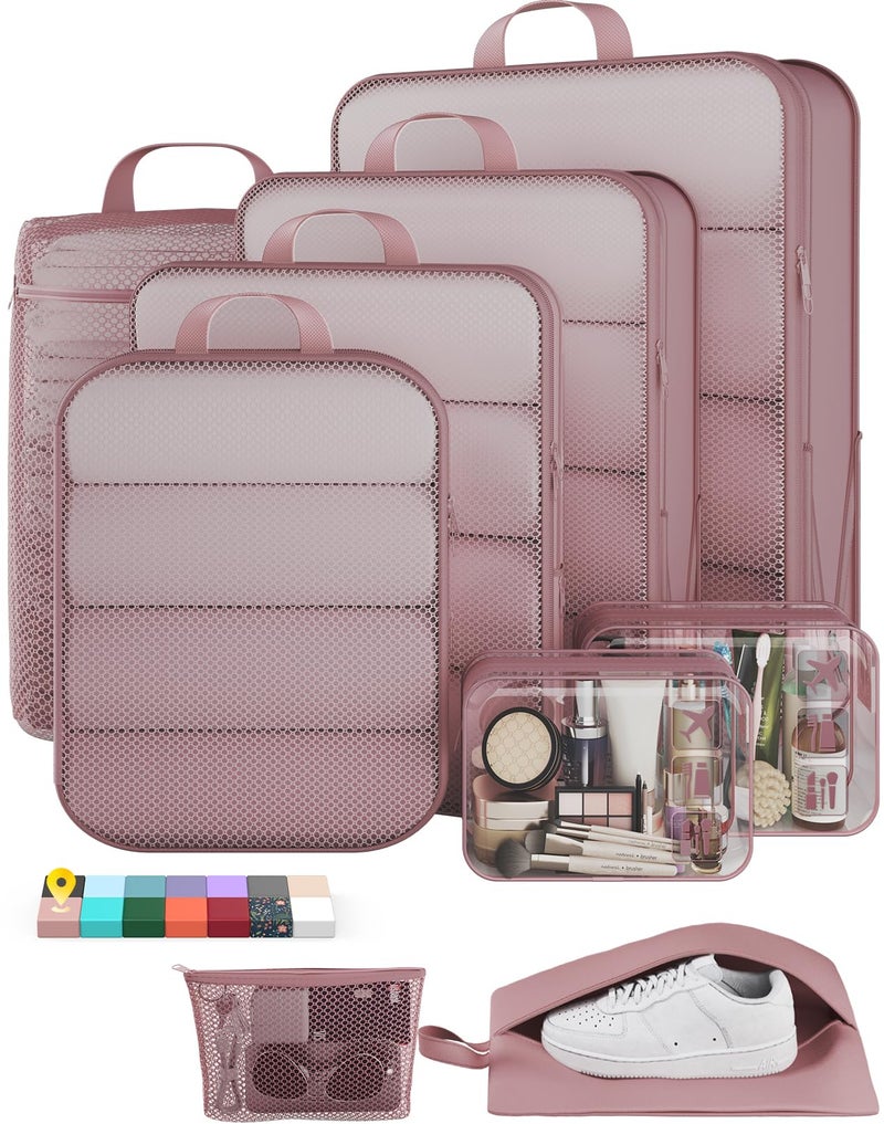 Veken 9/11 Set Compression Packing Cubes for Travel Essentials,Compressible Expandable Large Luggage Organizer Bags for Clothing,Durable Space Saver Storage Bags with Toiletry Bags(Light Coral) - Image 1