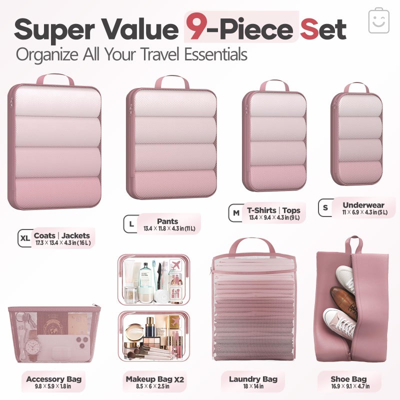 Veken 9/11 Set Compression Packing Cubes for Travel Essentials,Compressible Expandable Large Luggage Organizer Bags for Clothing,Durable Space Saver Storage Bags with Toiletry Bags(Light Coral) - Image 2
