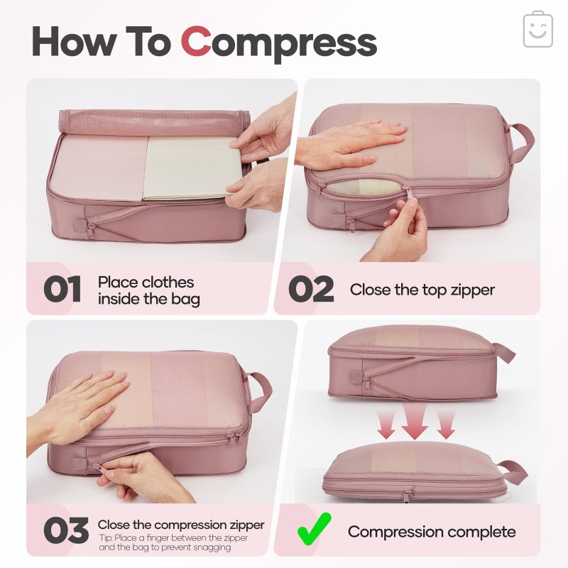 Veken 9/11 Set Compression Packing Cubes for Travel Essentials,Compressible Expandable Large Luggage Organizer Bags for Clothing,Durable Space Saver Storage Bags with Toiletry Bags(Light Coral) - Image 3