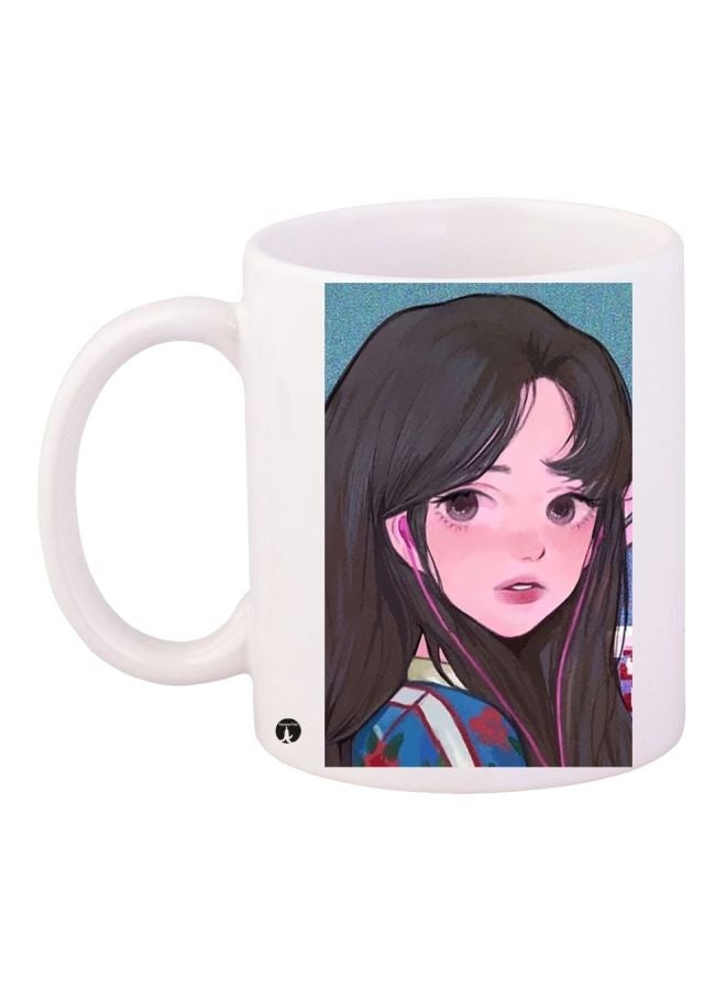 RYN Animated Girl Printed Coffee Mug White/Grey/Pink 11ounce