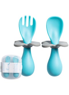 Chabeia Baby and Toddler Self-Feeding Training Utensils - Easy to Hold and Use Led Weaning, Protective Choke Barrier - Blue  - Image 1