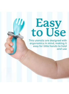 Chabeia Baby and Toddler Self-Feeding Training Utensils - Easy to Hold and Use Led Weaning, Protective Choke Barrier - Blue  - Image 3
