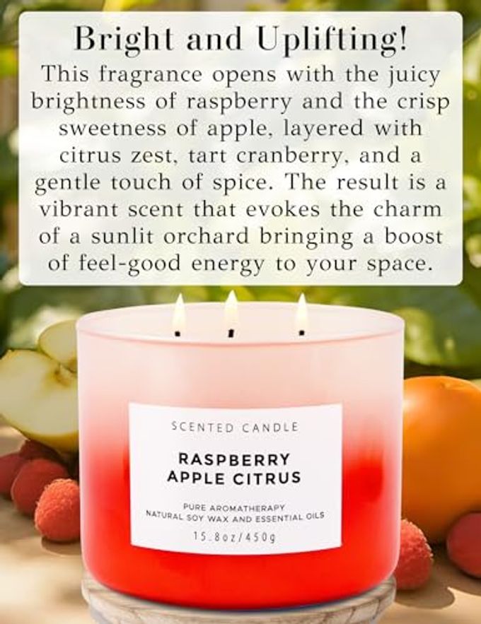 T H Large 3 Wick Soy Candle 15.8 oz Raspberry Apple Citrus Scented Candle with Cranberry & Warm Cinnamon Clean Burn, Long Lasting Aromatherapy Candle for Relaxation & Stress Relief - Image 2