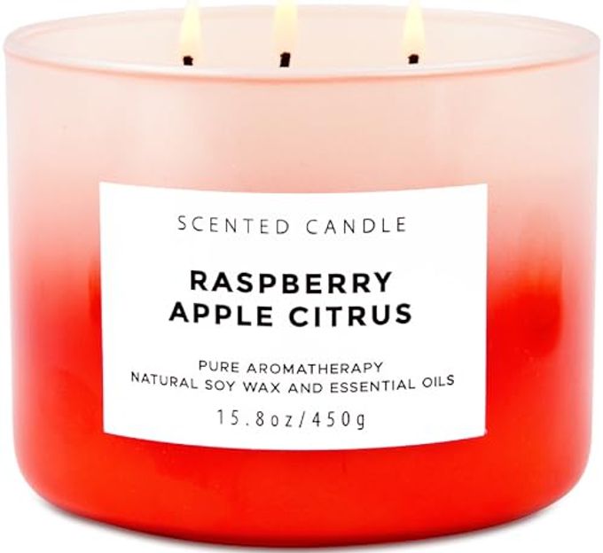 T H Large 3 Wick Soy Candle 15.8 oz Raspberry Apple Citrus Scented Candle with Cranberry & Warm Cinnamon Clean Burn, Long Lasting Aromatherapy Candle for Relaxation & Stress Relief - Image 1