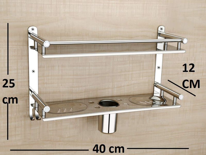 Oslen Stainless Steel 2 Layer Wall Mounted Bathroom Rack and Shelf Bathroom Storage Racks and Shelves Washroom Basin Double Soap Dish and Tumbler Holder Soap Holder Bathroom Accessories - Image 3