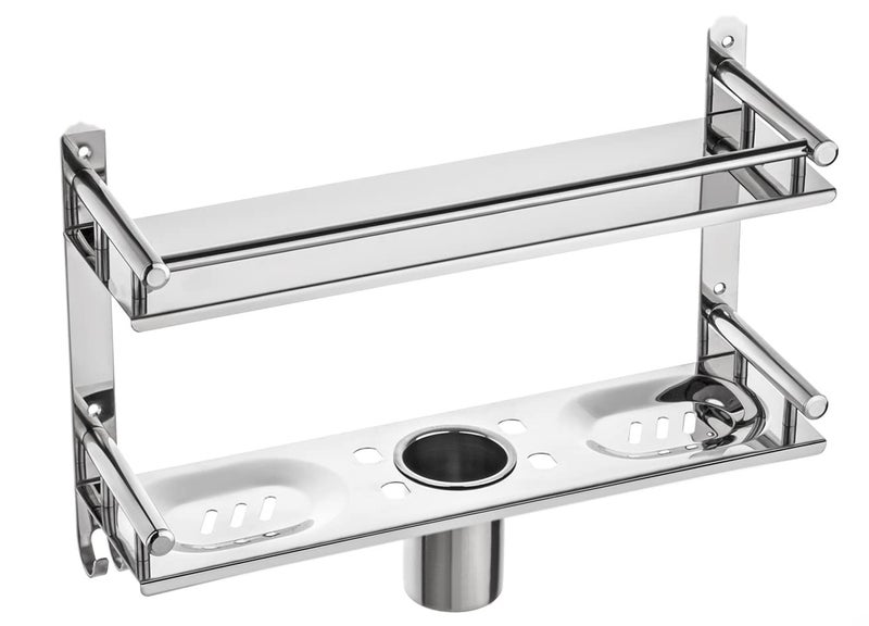 Oslen Stainless Steel 2 Layer Wall Mounted Bathroom Rack and Shelf Bathroom Storage Racks and Shelves Washroom Basin Double Soap Dish and Tumbler Holder Soap Holder Bathroom Accessories - Image 4