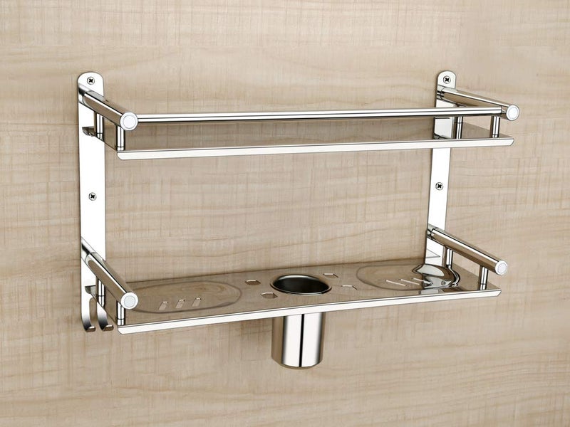 Oslen Stainless Steel 2 Layer Wall Mounted Bathroom Rack and Shelf Bathroom Storage Racks and Shelves Washroom Basin Double Soap Dish and Tumbler Holder Soap Holder Bathroom Accessories - Image 2