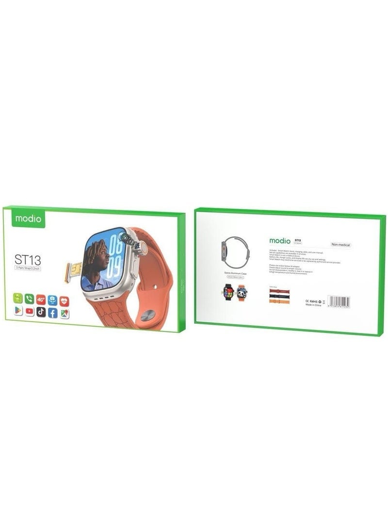 modio ST13 Smart Watch with 2.2 Inch Full Screen Display, SIM Card Slot, 3 Pairs of Straps, Heart Rate Monitor, Waterproof – Stylish Smartwatch for Men & Women - Image 3