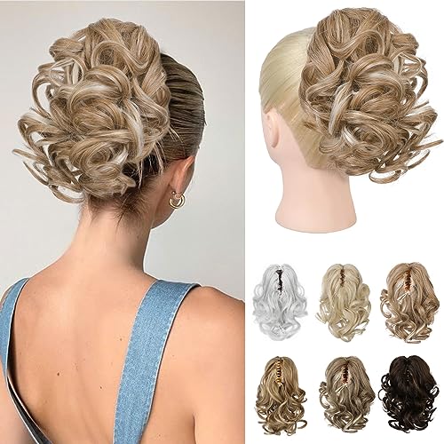 REECHO 9" Short Ponytail Extension, Classic Loose Curly Wavy Claw Clip Pony tails Hair Extensions HP001 Hairpieces for Women - Honey Blonde with Highlights - Image 1