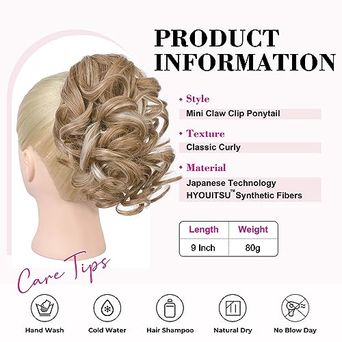 REECHO 9" Short Ponytail Extension, Classic Loose Curly Wavy Claw Clip Pony tails Hair Extensions HP001 Hairpieces for Women - Honey Blonde with Highlights - Image 2